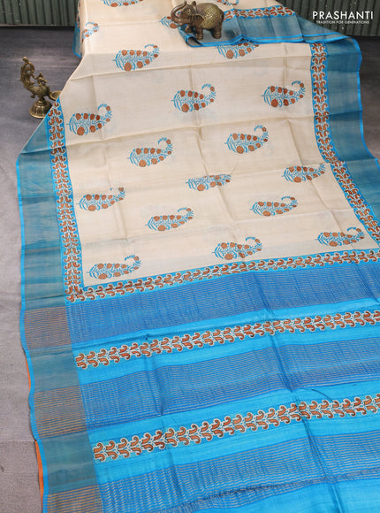 Pure tussar silk saree beige and cs blue with paisley butta prints and zari woven border