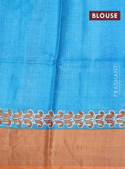 Pure tussar silk saree beige and cs blue with paisley butta prints and zari woven border