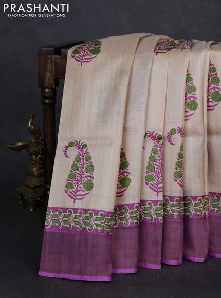 Pure tussar silk saree beige and purple with paisley butta prints and zari woven border