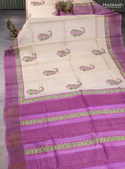 Pure tussar silk saree beige and purple with paisley butta prints and zari woven border