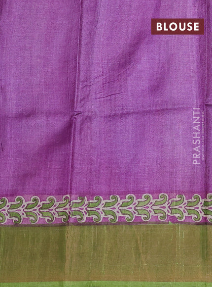 Pure tussar silk saree beige and purple with paisley butta prints and zari woven border