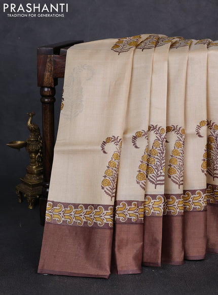 Pure tussar silk saree beige and coffee brown with paisley butta prints and zari woven border