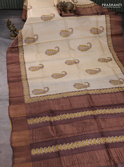 Pure tussar silk saree beige and coffee brown with paisley butta prints and zari woven border