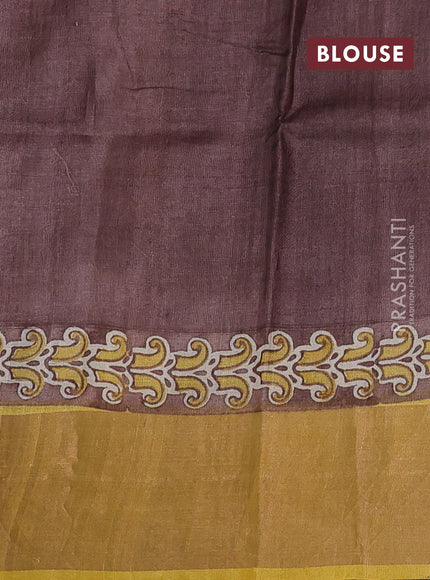 Pure tussar silk saree beige and coffee brown with paisley butta prints and zari woven border
