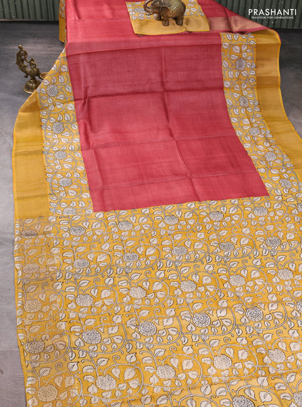 Pure tussar silk saree maroon and mustard yellow with plain body and long printed zari woven border