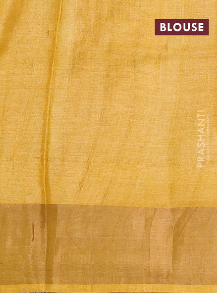 Pure tussar silk saree maroon and mustard yellow with plain body and long printed zari woven border