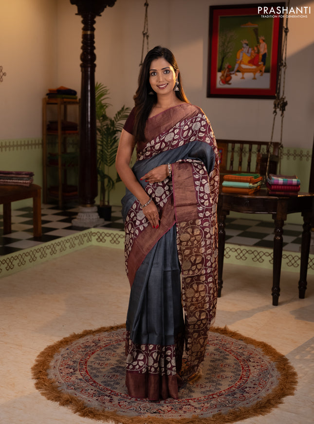 Pure tussar silk saree grey and wine with plain body and long printed zari woven border