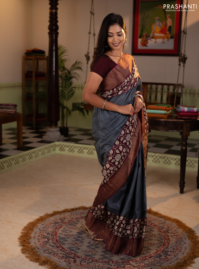 Pure tussar silk saree grey and wine with plain body and long printed zari woven border