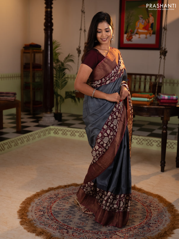 Pure tussar silk saree grey and wine with plain body and long printed zari woven border