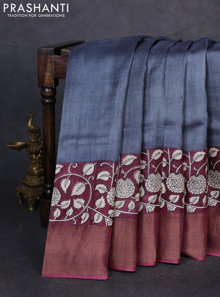Pure tussar silk saree grey and wine with plain body and long printed zari woven border