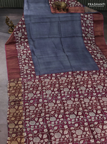 Pure tussar silk saree grey and wine with plain body and long printed zari woven border