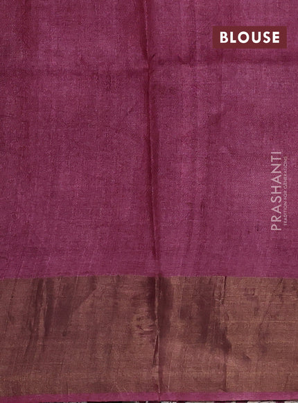 Pure tussar silk saree grey and wine with plain body and long printed zari woven border