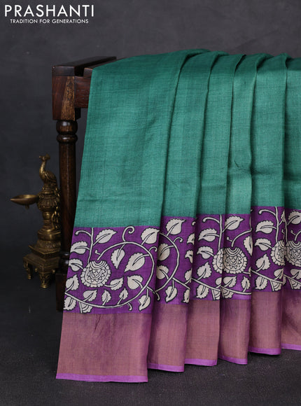 Pure tussar silk saree green and purple with plain body and long printed zari woven border