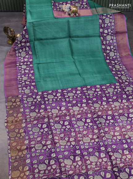 Pure tussar silk saree green and purple with plain body and long printed zari woven border