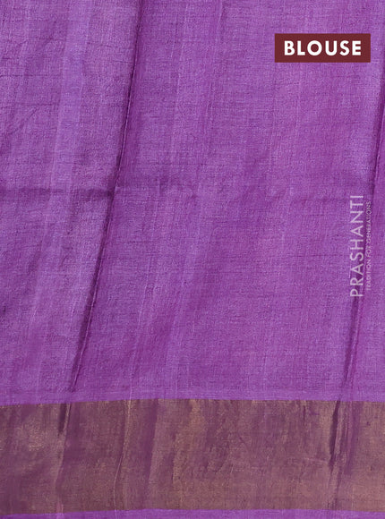 Pure tussar silk saree green and purple with plain body and long printed zari woven border