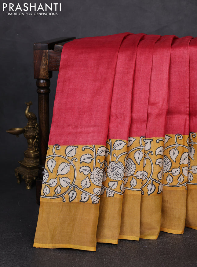 Pure tussar silk saree tomato pink and mustard yellow with plain body and long printed zari woven border