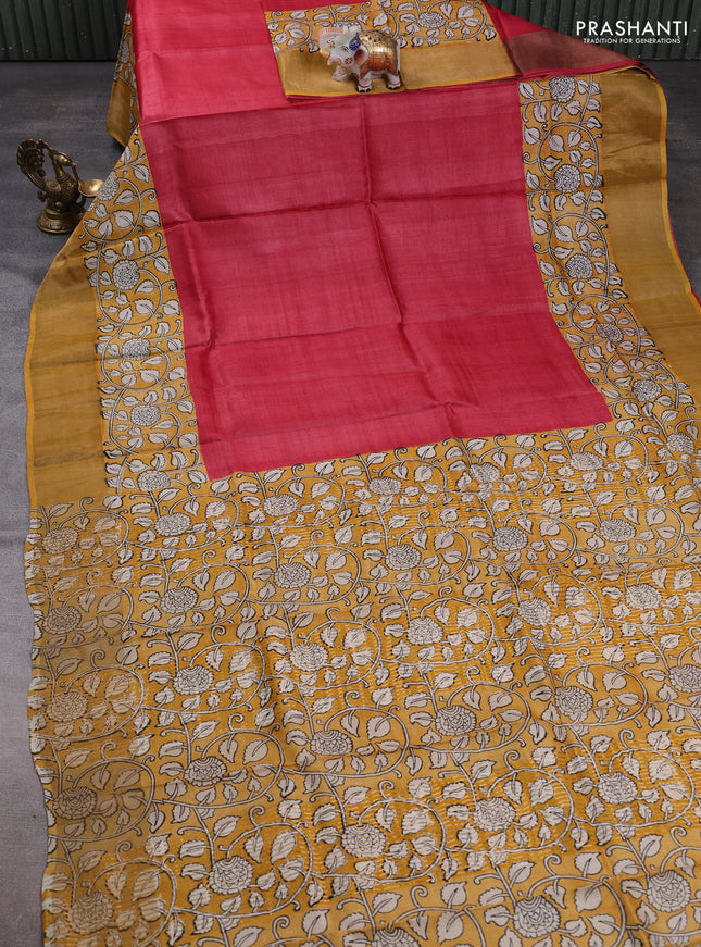 Pure tussar silk saree tomato pink and mustard yellow with plain body and long printed zari woven border