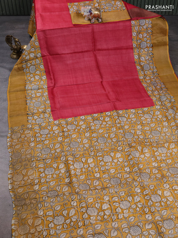 Pure tussar silk saree tomato pink and mustard yellow with plain body and long printed zari woven border