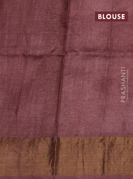 Pure tussar silk saree mustard yellow and pastel brown with plain body and long printed zari woven border