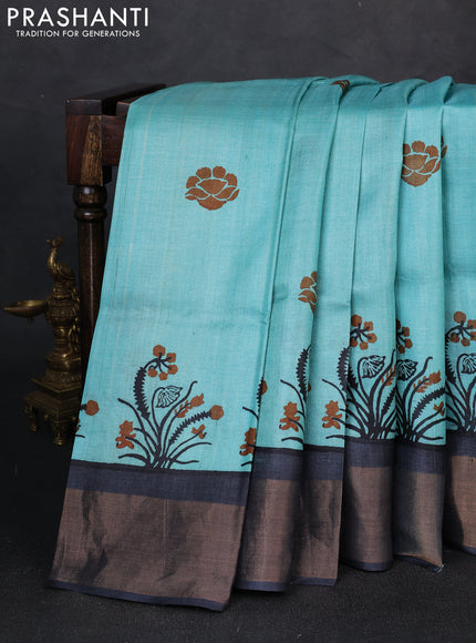 Pure tussar silk saree teal blue and grey with butta prints and long printed zari woven border
