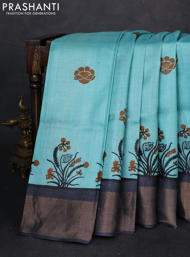 Pure tussar silk saree teal blue and grey with butta prints and long printed zari woven border