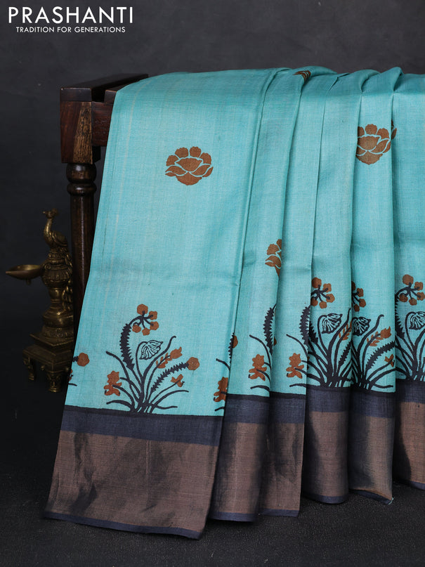 Pure tussar silk saree teal blue and grey with butta prints and long printed zari woven border