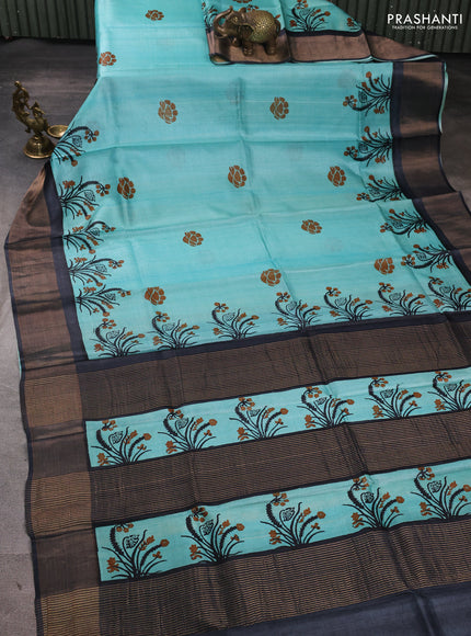 Pure tussar silk saree teal blue and grey with butta prints and long printed zari woven border