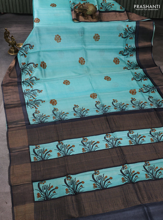 Pure tussar silk saree teal blue and grey with butta prints and long printed zari woven border
