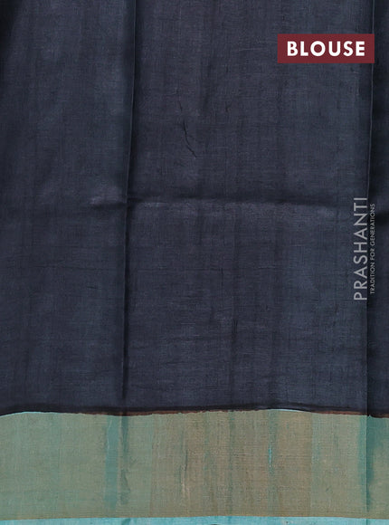 Pure tussar silk saree teal blue and grey with butta prints and long printed zari woven border