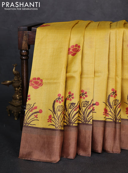 Pure tussar silk saree mustard yellow and brown with butta prints and zari woven border