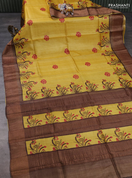 Pure tussar silk saree mustard yellow and brown with butta prints and zari woven border