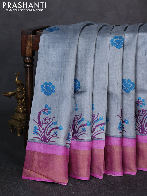 Pure tussar silk saree grey and purple with butta prints and zari woven border