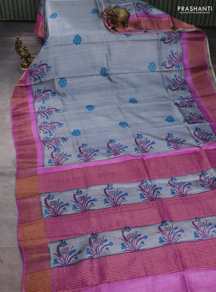 Pure tussar silk saree grey and purple with butta prints and zari woven border
