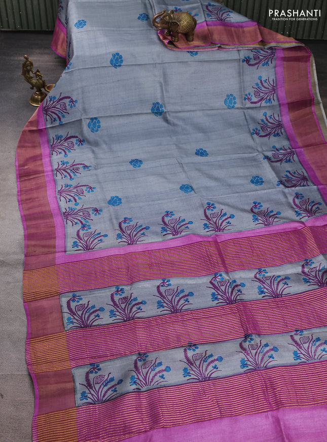 Pure tussar silk saree grey and purple with butta prints and zari woven border