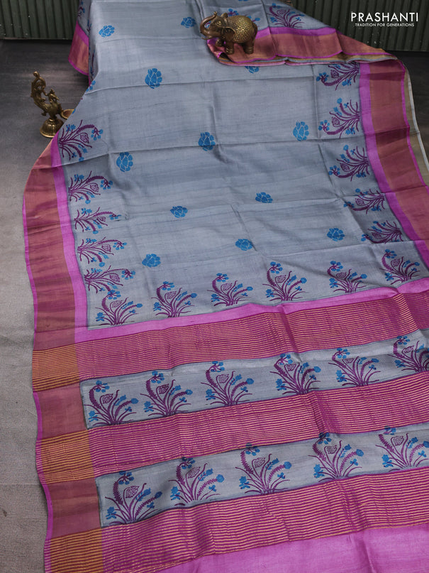 Pure tussar silk saree grey and purple with butta prints and zari woven border