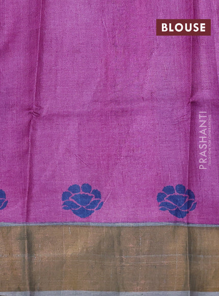 Pure tussar silk saree grey and purple with butta prints and zari woven border