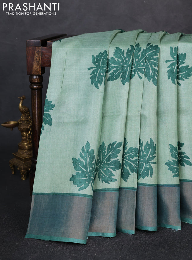 Pure tussar silk saree pastel green and green with butta prints and zari woven border