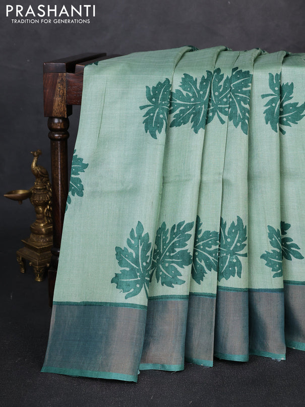 Pure tussar silk saree pastel green and green with butta prints and zari woven border