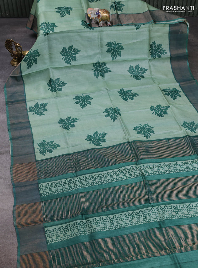 Pure tussar silk saree pastel green and green with butta prints and zari woven border