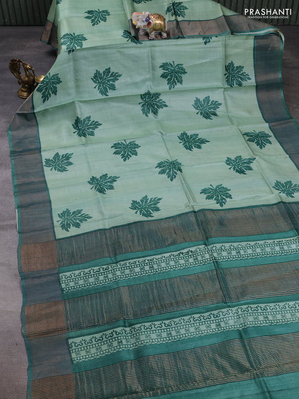 Pure tussar silk saree pastel green and green with butta prints and zari woven border