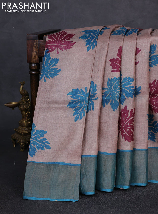Pure tussar silk saree beige and teal blue with butta prints and zari woven border