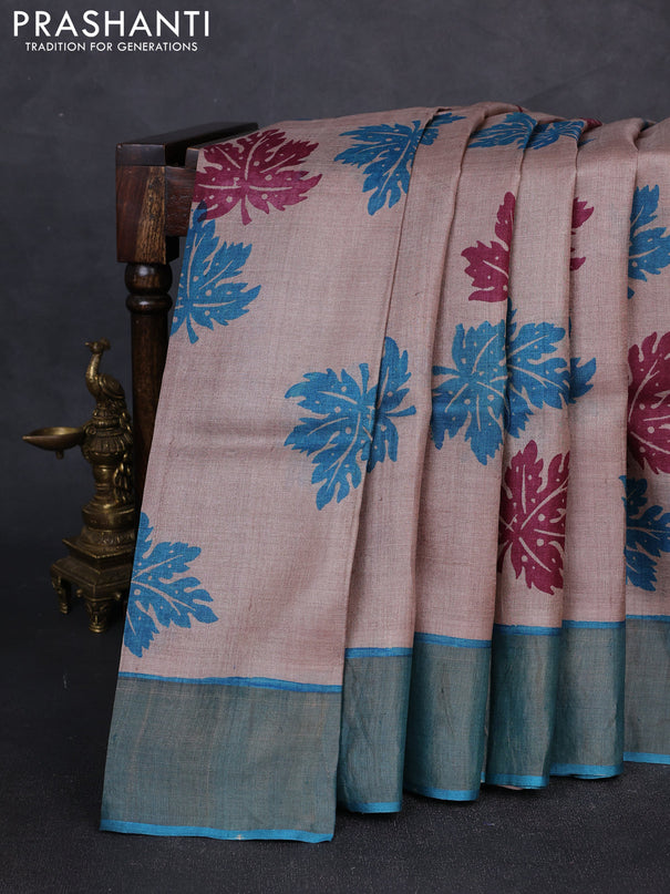 Pure tussar silk saree beige and teal blue with butta prints and zari woven border