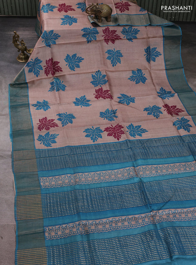 Pure tussar silk saree beige and teal blue with butta prints and zari woven border