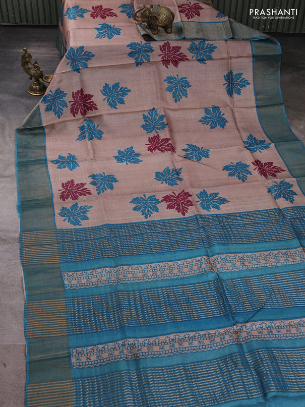 Pure tussar silk saree beige and teal blue with butta prints and zari woven border