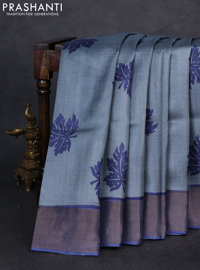 Pure tussar silk saree grey and blue with butta prints and zari woven border