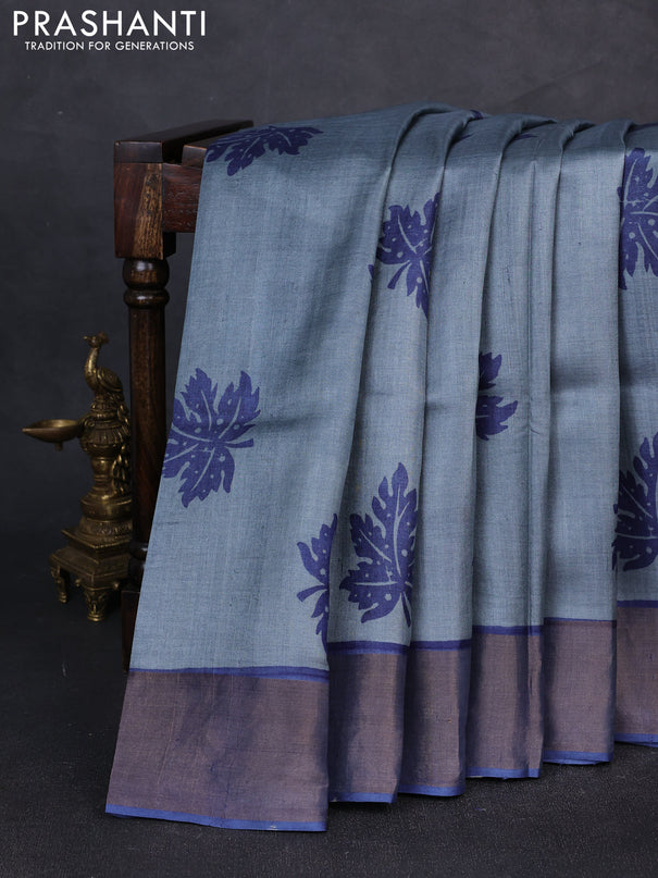 Pure tussar silk saree grey and blue with butta prints and zari woven border