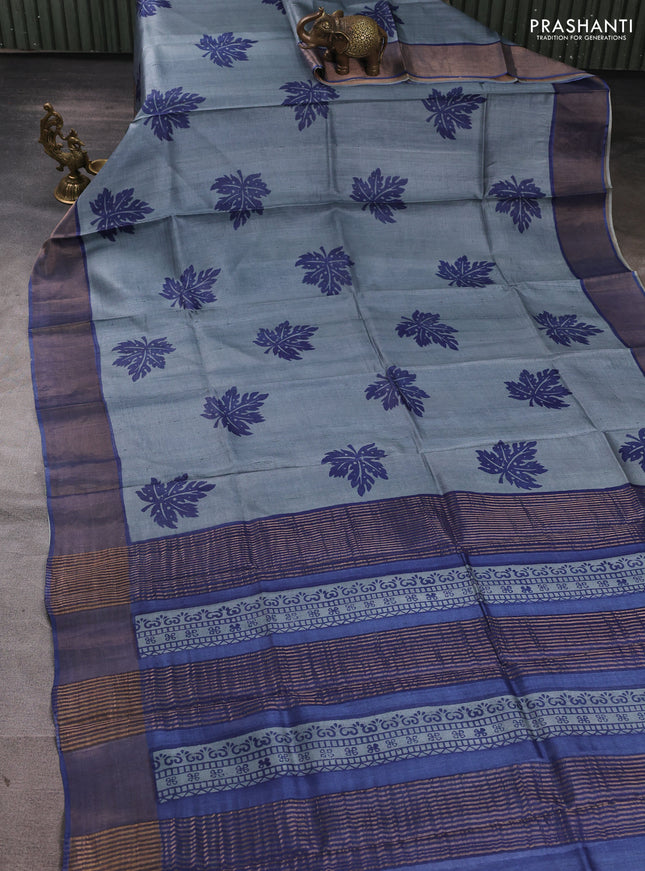 Pure tussar silk saree grey and blue with butta prints and zari woven border