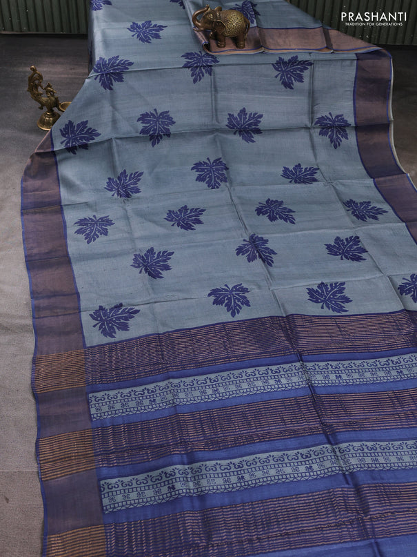 Pure tussar silk saree grey and blue with butta prints and zari woven border