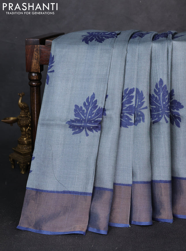 Pure tussar silk saree grey and blue with butta prints and zari woven border