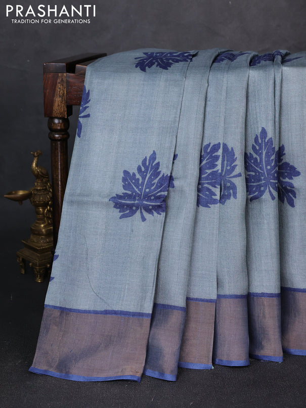 Pure tussar silk saree grey and blue with butta prints and zari woven border